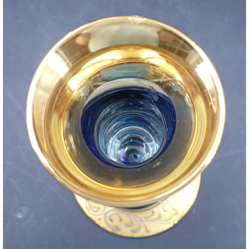 Vintage Candlestick Pair Glass Heavy Gold Leaf Cobalt Blue  5.5in